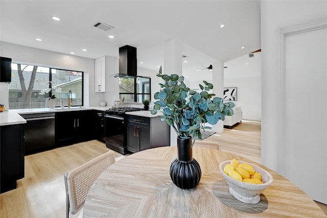 kitchen with gas stove, sink, light hardwood / wood-style flooring, stainless steel dishwasher, and island range hood