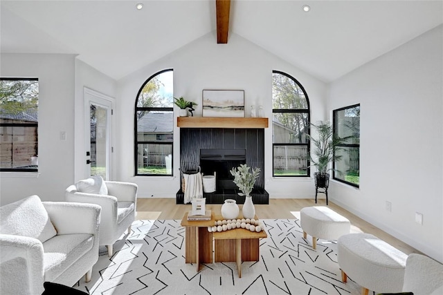 living room with vaulted ceiling with beams, light hardwood / wood-style floors, and a wealth of natural light