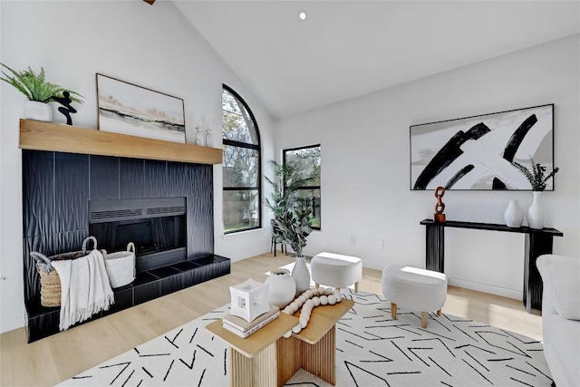 living room featuring a fireplace, light wood-type flooring, and high vaulted ceiling