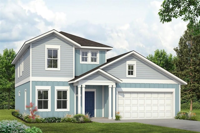 view of front of home featuring board and batten siding, driveway, and roof with shingles