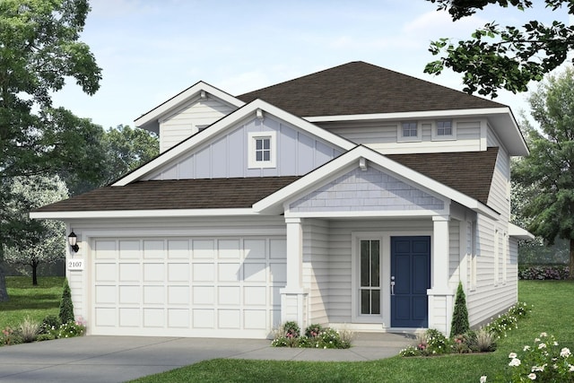 view of front of house with a front yard, roof with shingles, concrete driveway, a garage, and board and batten siding