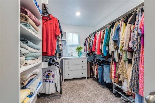 walk in closet with light carpet