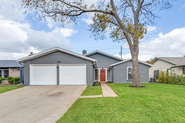 ranch-style house with cooling unit, a garage, and a front yard