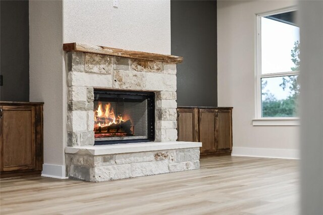 details with a stone fireplace and hardwood / wood-style flooring