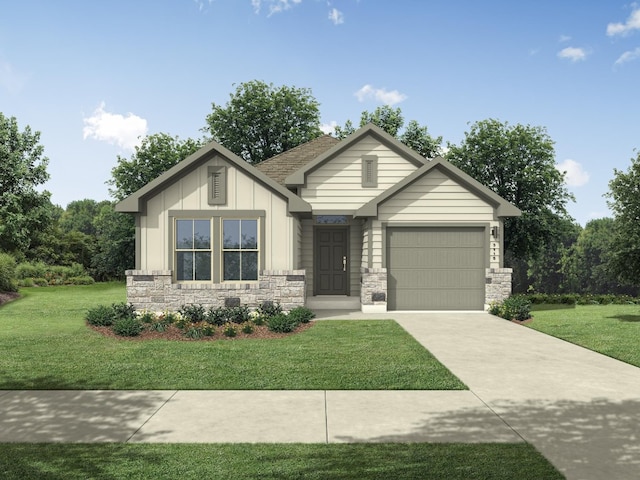 223 Spirit St, Elgin, TX 78621 - view of front of house with concrete driveway, a front yard, stone siding, a garage, and board and batten siding