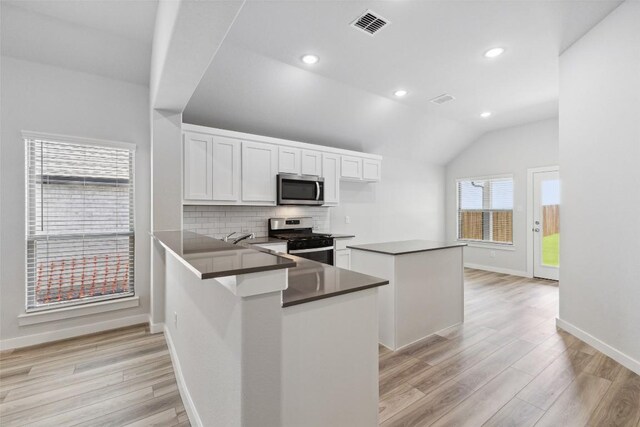 230 Hidalgo Ln, Elgin, TX 78621 - kitchen with appliances with stainless steel finishes, dark countertops, decorative backsplash, light wood-type flooring, and lofted ceiling