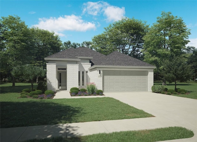 230 Hidalgo Ln, Elgin, TX 78621 - prairie-style home featuring brick siding, a garage, driveway, a front yard, and a shingled roof