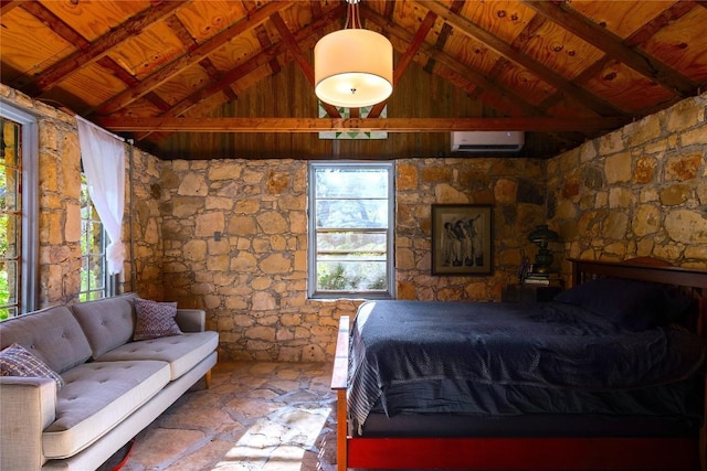 unfurnished bedroom with a wall mounted air conditioner, high vaulted ceiling, and wood ceiling