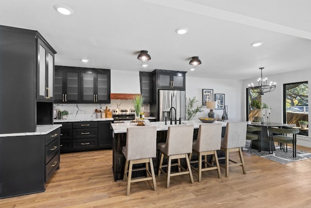 kitchen featuring light hardwood / wood-style floors, pendant lighting, decorative backsplash, a center island with sink, and appliances with stainless steel finishes