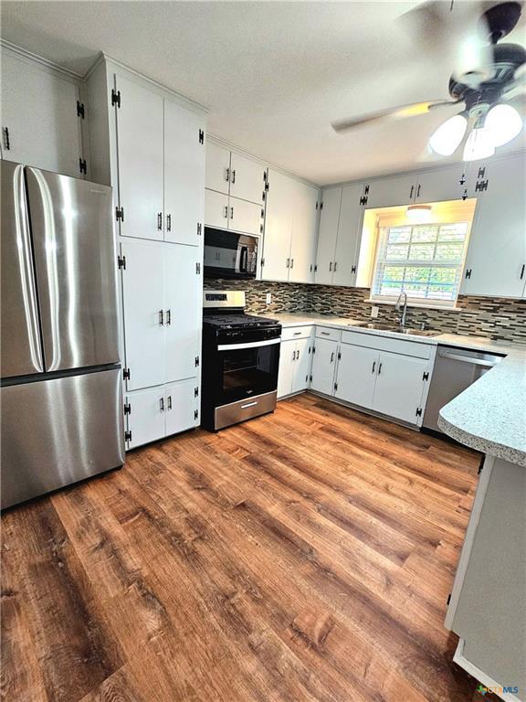kitchen featuring appliances with stainless steel finishes, a sink, a ceiling fan, decorative backsplash, and wood finished floors