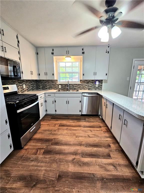kitchen with a sink, appliances with stainless steel finishes, light countertops, and a healthy amount of sunlight