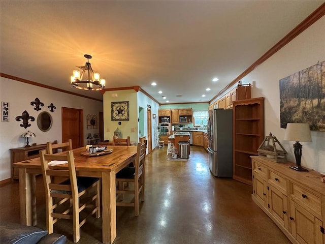 dining area with concrete floors, crown molding, and a chandelier