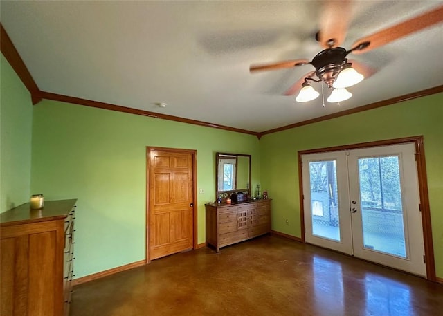 doorway with ceiling fan, french doors, a textured ceiling, and ornamental molding