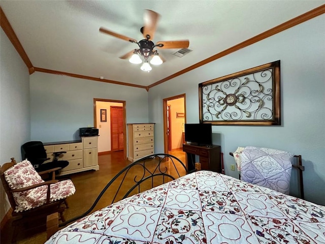 bedroom featuring ceiling fan, ornamental molding, and ensuite bath