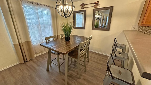 dining area with a notable chandelier and dark wood-type flooring