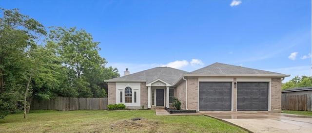 ranch-style house with a front yard and a garage