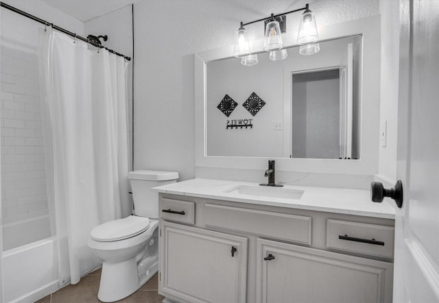 full bathroom with tile patterned floors, a textured ceiling, toilet, shower / bath combo with shower curtain, and vanity