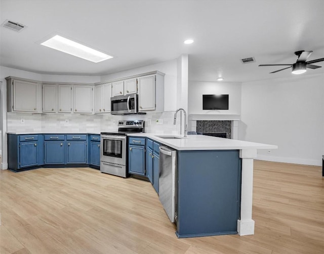 kitchen with kitchen peninsula, appliances with stainless steel finishes, backsplash, sink, and light hardwood / wood-style flooring