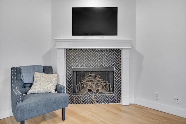 living area featuring a fireplace and wood-type flooring