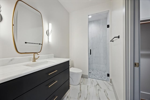 bathroom featuring toilet, vanity, and walk in shower