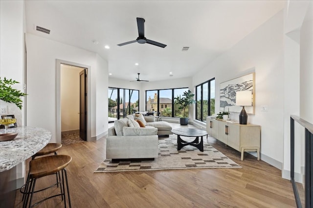 living room with light hardwood / wood-style flooring and ceiling fan