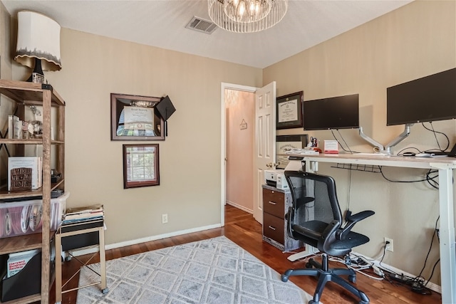 office with a chandelier, visible vents, wood finished floors, and baseboards
