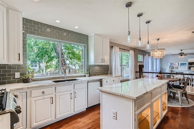 kitchen with tasteful backsplash, stainless steel dishwasher, a sink, wood finished floors, and a ceiling fan