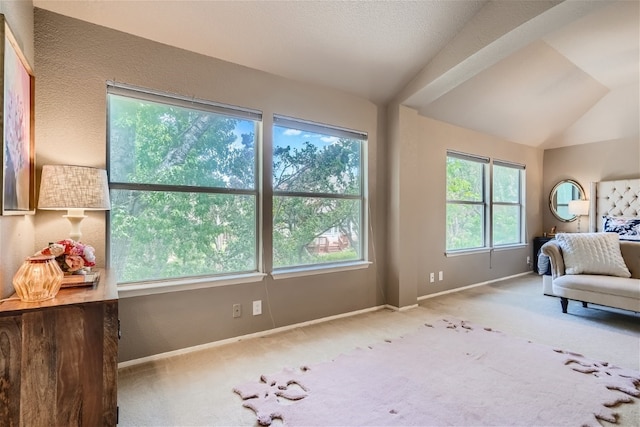 unfurnished living room featuring baseboards, lofted ceiling, and carpet floors