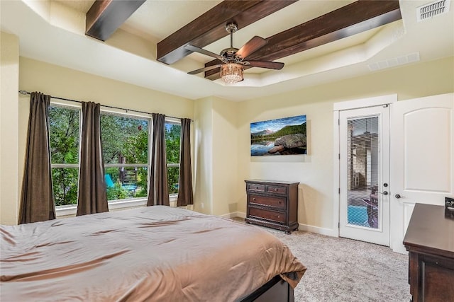 bedroom featuring beam ceiling, access to exterior, ceiling fan, and light colored carpet