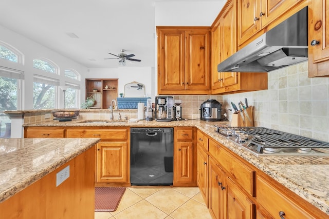 kitchen featuring ceiling fan, dishwasher, sink, stainless steel gas stovetop, and light tile patterned floors