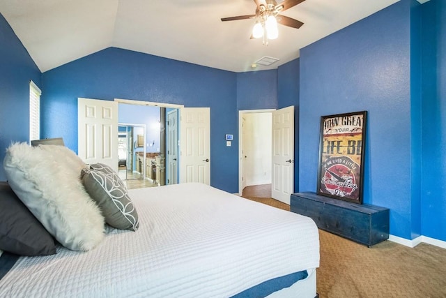 bedroom featuring carpet, ceiling fan, and lofted ceiling