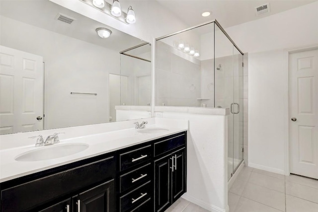 full bath with tile patterned flooring, visible vents, a sink, and a shower stall