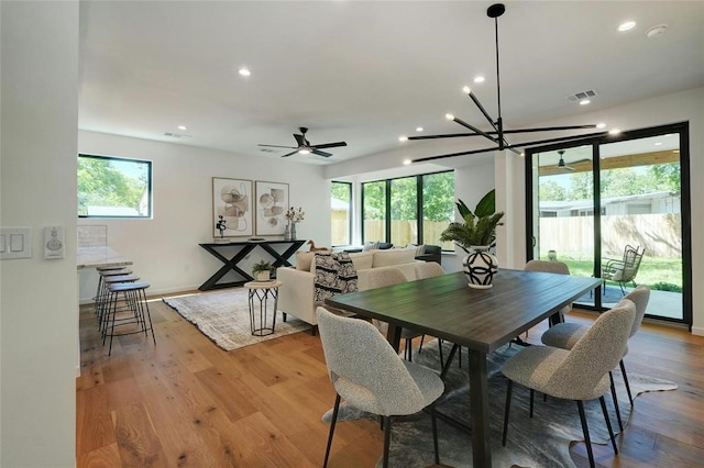 dining area with a wealth of natural light, light hardwood / wood-style flooring, and ceiling fan with notable chandelier