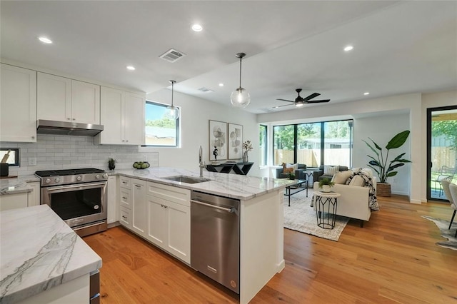 kitchen featuring sink, light hardwood / wood-style flooring, a wealth of natural light, white cabinetry, and stainless steel appliances