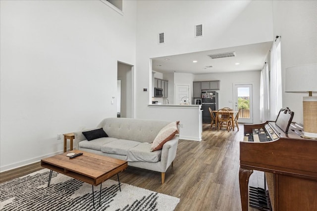 living room featuring dark hardwood / wood-style floors and a towering ceiling