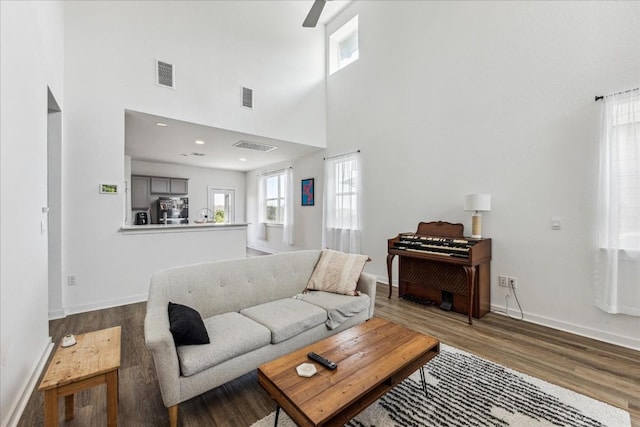 living room featuring a high ceiling and hardwood / wood-style flooring