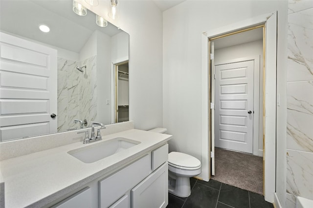 149 Golden Sage Ave, Georgetown, TX 78633 - full bath with vanity, a shower, tile patterned flooring, recessed lighting, and a spacious closet