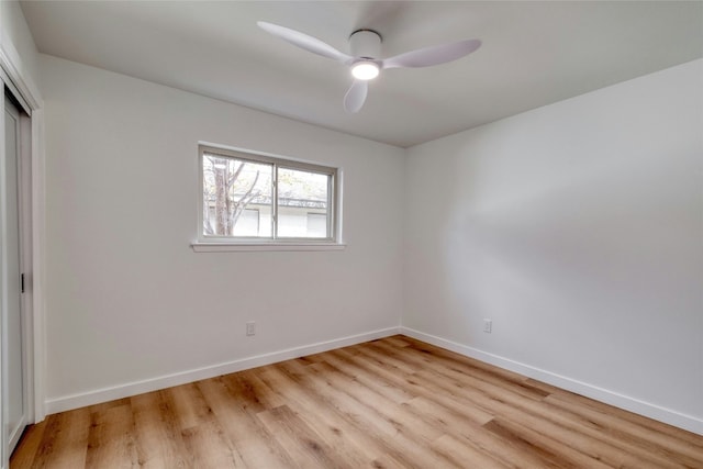 unfurnished bedroom with a closet, light hardwood / wood-style floors, and ceiling fan