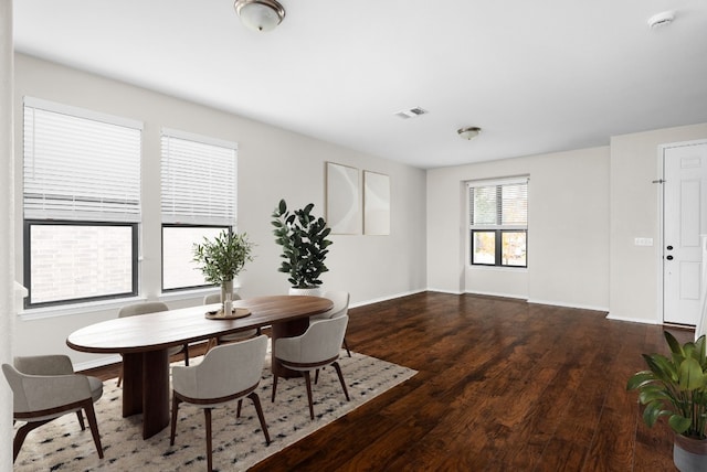 dining space featuring dark wood-type flooring