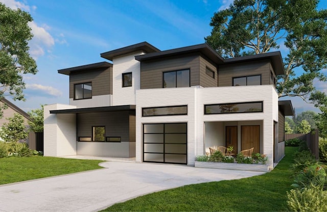 modern home featuring a balcony, a front lawn, and a garage