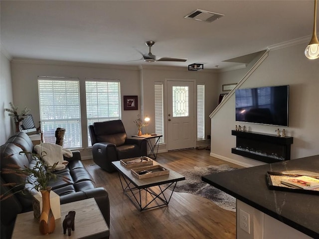 living room featuring ceiling fan, wood-type flooring, and ornamental molding