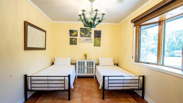 tiled bedroom featuring crown molding, multiple windows, and a notable chandelier