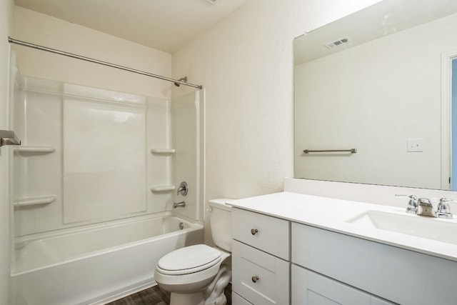 full bathroom with vanity, wood-type flooring,  shower combination, and toilet