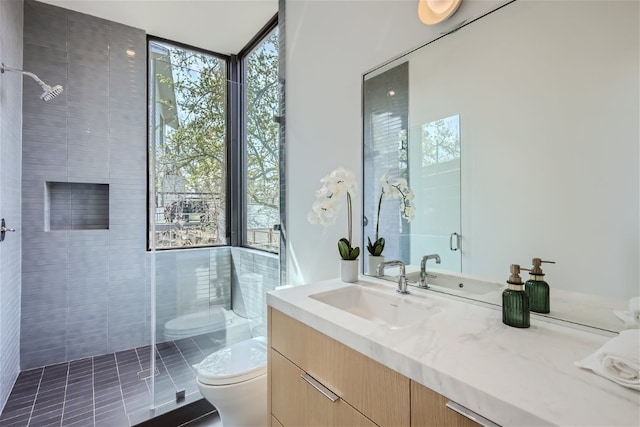 bathroom with expansive windows, vanity, toilet, and a shower with shower door