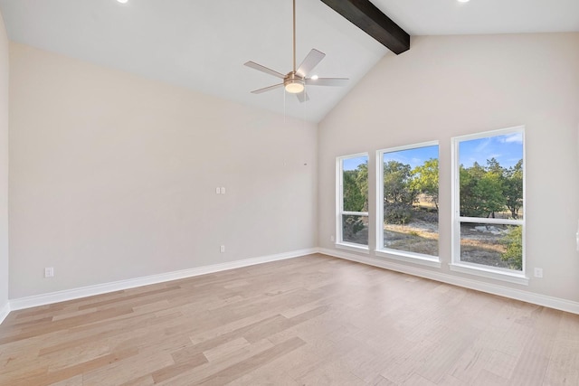 empty room featuring beam ceiling, high vaulted ceiling, light hardwood / wood-style flooring, and ceiling fan