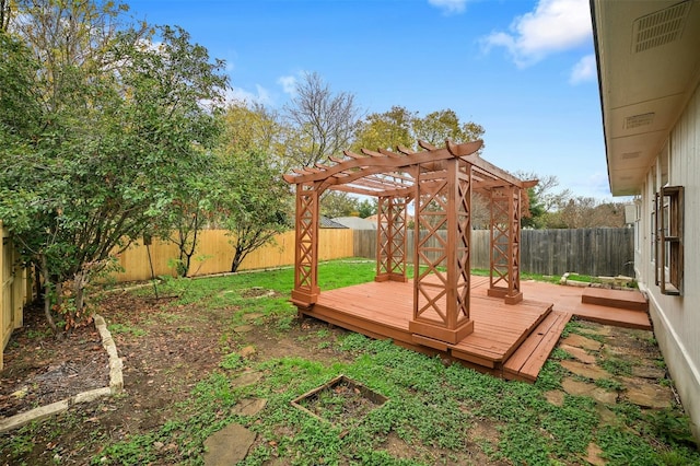 view of yard with a pergola and a wooden deck