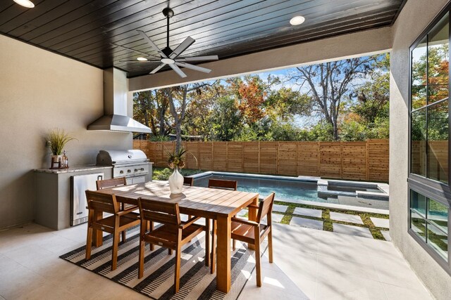 view of patio / terrace with ceiling fan, a fenced in pool, exterior kitchen, and grilling area