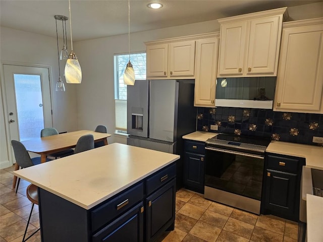 kitchen with white cabinets, stainless steel fridge with ice dispenser, light countertops, black range with electric cooktop, and backsplash