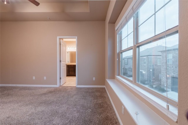 unfurnished room featuring a tray ceiling and light carpet