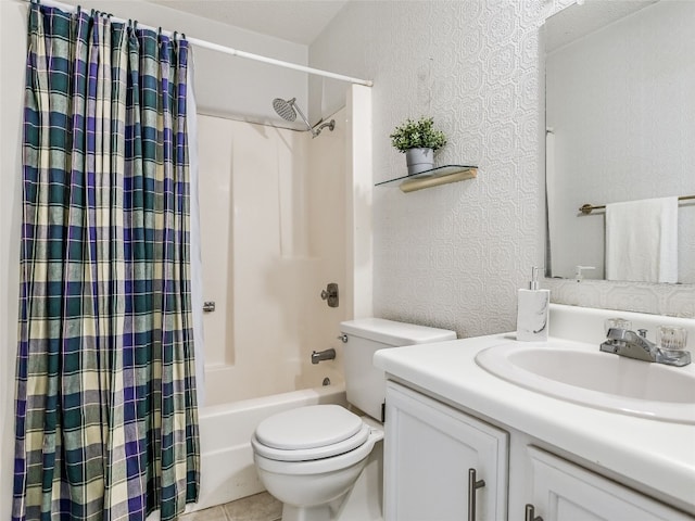 full bathroom with tile patterned floors, vanity, toilet, and shower / bathtub combination with curtain